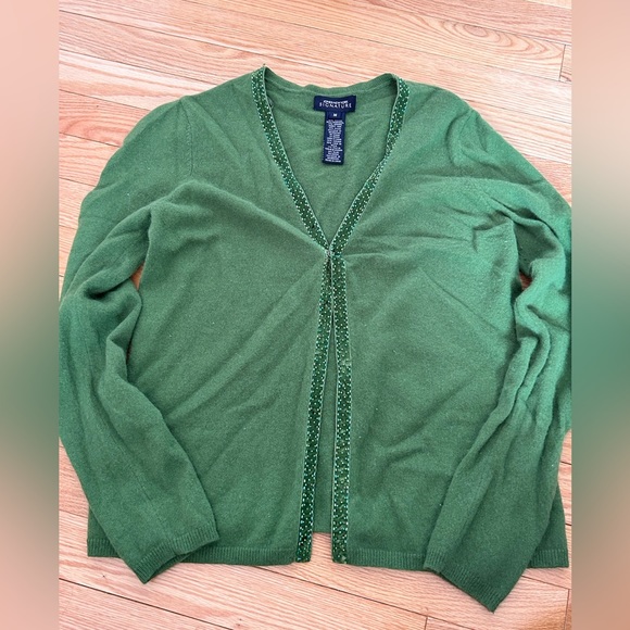 Cashmere cardigan with green sparkle trim! - Picture 1 of 4